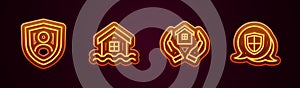 Set line Life insurance with shield, House flood, hand and Shield. Glowing neon icon. Vector