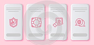 Set line Life insurance with shield, Lifebuoy, Safe hand and Location. White rectangle button. Vector
