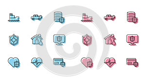 Set line Life insurance with shield, Ship, Credit card, House flood, Location, and Car icon. Vector