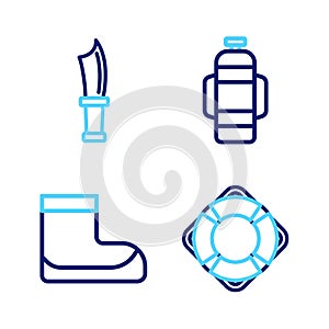 Set line Lifebuoy, Boots, Aqualung and Diving knife icon. Vector