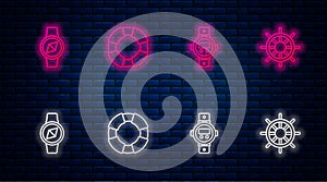 Set line Lifebuoy, Diving watch, Compass and Ship steering wheel. Glowing neon icon on brick wall. Vector