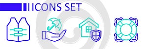 Set line Lifebuoy, House with shield, Umbrella in hand and jacket icon. Vector