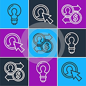 Set line Light bulb with concept of idea, Job promotion exchange money and User of man in business suit icon. Vector
