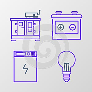 Set line Light bulb with concept of idea, Power bank, Car battery and Diesel power generator icon. Vector