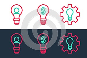 Set line Light bulb and gear, Head with lamp and dollar icon. Vector