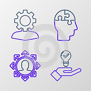 Set line Light bulb in hand, Project team base, Human head puzzles strategy and with gear inside icon. Vector