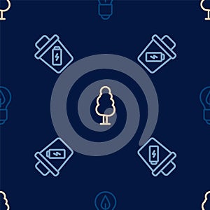 Set line Light bulb with leaf, Trash can and Tree on seamless pattern. Vector