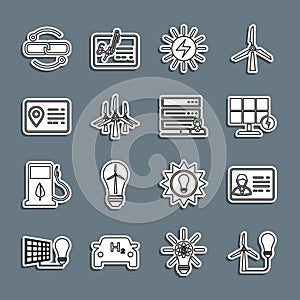 Set line Light bulb with wind turbine, Identification badge, Solar energy panel, Wind turbines, Address book, Chain link