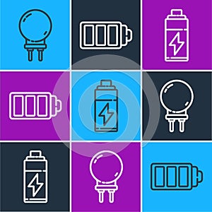 Set line Light emitting diode, Battery and Battery charge level indicator icon. Vector