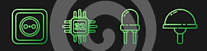 Set line Light emitting diode, Electrical outlet, Processor with microcircuits CPU and Light emitting diode. Gradient