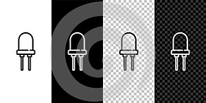 Set line Light emitting diode icon isolated on black and white,transparent background. Semiconductor diode electrical