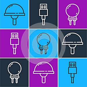 Set line Light emitting diode, Light emitting diode and USB cable cord icon. Vector