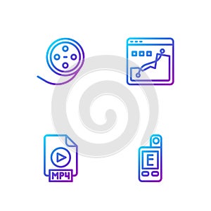 Set line Light meter, MP4 file document, Film reel and Histogram graph photography. Gradient color icons. Vector