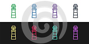 Set line Lighthouse icon isolated on black and white background. Vector