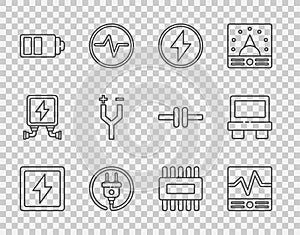 Set line Lightning bolt, Electrical measuring instruments, plug, Battery charge level indicator, cable, Processor with