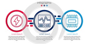 Set line Lightning bolt, Electrical measuring instruments and Processor with microcircuits CPU. Business infographic