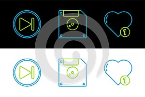 Set line Like and heart, Fast forward and Floppy disk computer data storage icon. Vector