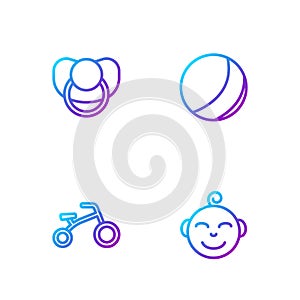 Set line Little boy head, Bicycle for kids, Baby dummy pacifier and Beach ball. Gradient color icons. Vector