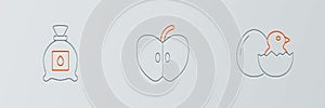 Set line Little chick in cracked egg, Pack full of seeds of plant and Apple icon. Vector