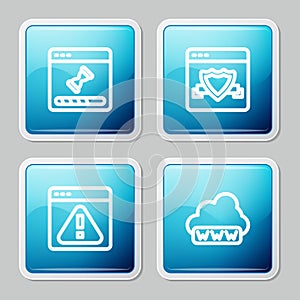Set line Loading data window, Browser with shield, exclamation mark and Web development icon. Vector