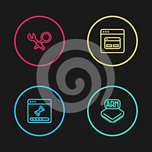 Set line Loading data window, Processor, Search engine and Debugging icon. Vector
