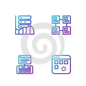 Set line Loading data window, Server, Data, Web Hosting, and Hierarchy organogram chart. Gradient color icons. Vector