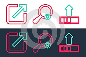 Set line Loading, Open new window and Search location icon. Vector