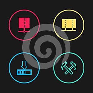 Set line Loading, Two crossed hammers, Server, Data, Web Hosting and icon. Vector