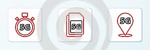 Set line Location 5G network, Digital speed meter and Sim Card icon. Vector