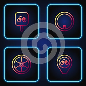 Set line Location with bicycle, Bicycle wheel, parking and . Gradient color icons. Vector