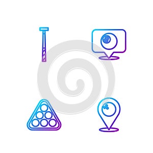 Set line Location with bowling ball, Billiard balls rack triangle, cue and billiard. Gradient color icons. Vector