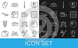 Set line Location with bowling ball, Billiard, chalk, cue, table, Pool brush, Bowling and pin and icon. Vector