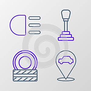 Set line Location with car service, Car tire wheel, Gear shifter and High beam icon. Vector