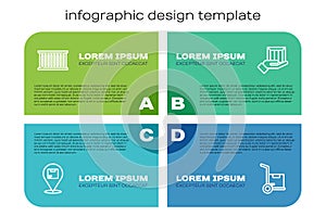 Set line Location with cardboard box, Container, Hand truck and boxes and Delivery hand. Business infographic template