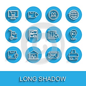 Set line Location with cardboard box, Warehouse, Shopping cart computer, Envelope, Carton, and Wooden check mark icon