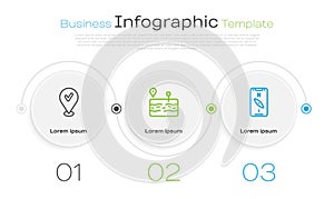 Set line Location with check mark, Broken road and Compass mobile. Business infographic template. Vector