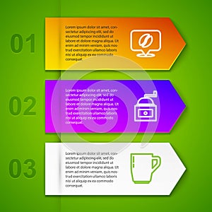 Set line Location with coffee bean, Manual grinder, Coffee cup and V60 maker. Business infographic template. Vector