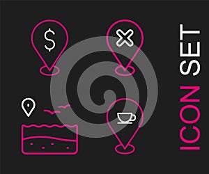 Set line Location with coffee cup, beach, cross mark and Cash location icon. Vector