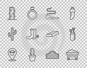 Set line Location cowboy, Coal mine trolley, Smoking pipe, Cactus peyote pot, Cowboy boot, Saloon door and Quiver with