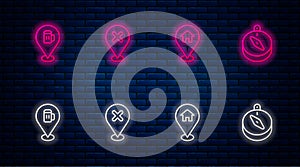 Set line Location with cross mark, house, Alcohol or beer bar location and Compass. Glowing neon icon on brick wall