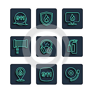 Set line Location with fire flame, Emergency call 911, Ringing alarm bell, Gas mask, Fire hose reel, and extinguisher