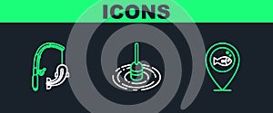 Set line Location fishing, Fishing rod and and float water icon. Vector