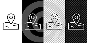 Set line Location fishing icon isolated on black and white background. Fishing place. Vector