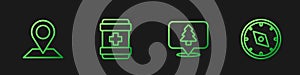 Set line Location of the forest, , First aid kit and Compass. Gradient color icons. Vector