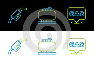Set line Location and gas station, Gasoline pump nozzle and Oil tank storage icon. Vector