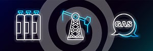 Set line Location and gas station, Industrial cylinder tank and Oil pump or pump jack icon. Glowing neon. Vector