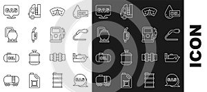 Set line Location and gas station, Oil tanker ship, Electrical cable plug charging, Motor gauge, Gasoline pump nozzle