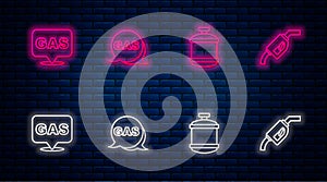 Set line Location and gas station, Propane tank, and Gasoline pump nozzle. Glowing neon icon on brick wall. Vector