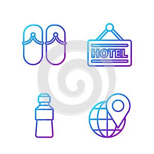 Set line Location on the globe, Bottle of water, Flip flops and Signboard with text Hotel. Gradient color icons. Vector