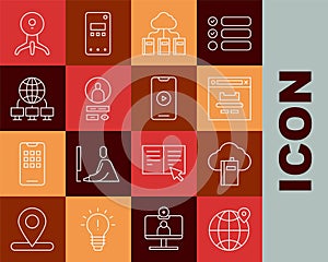 Set line Location on the globe, Cloud or online library, Browser window, Create account screen, Computer network, Web